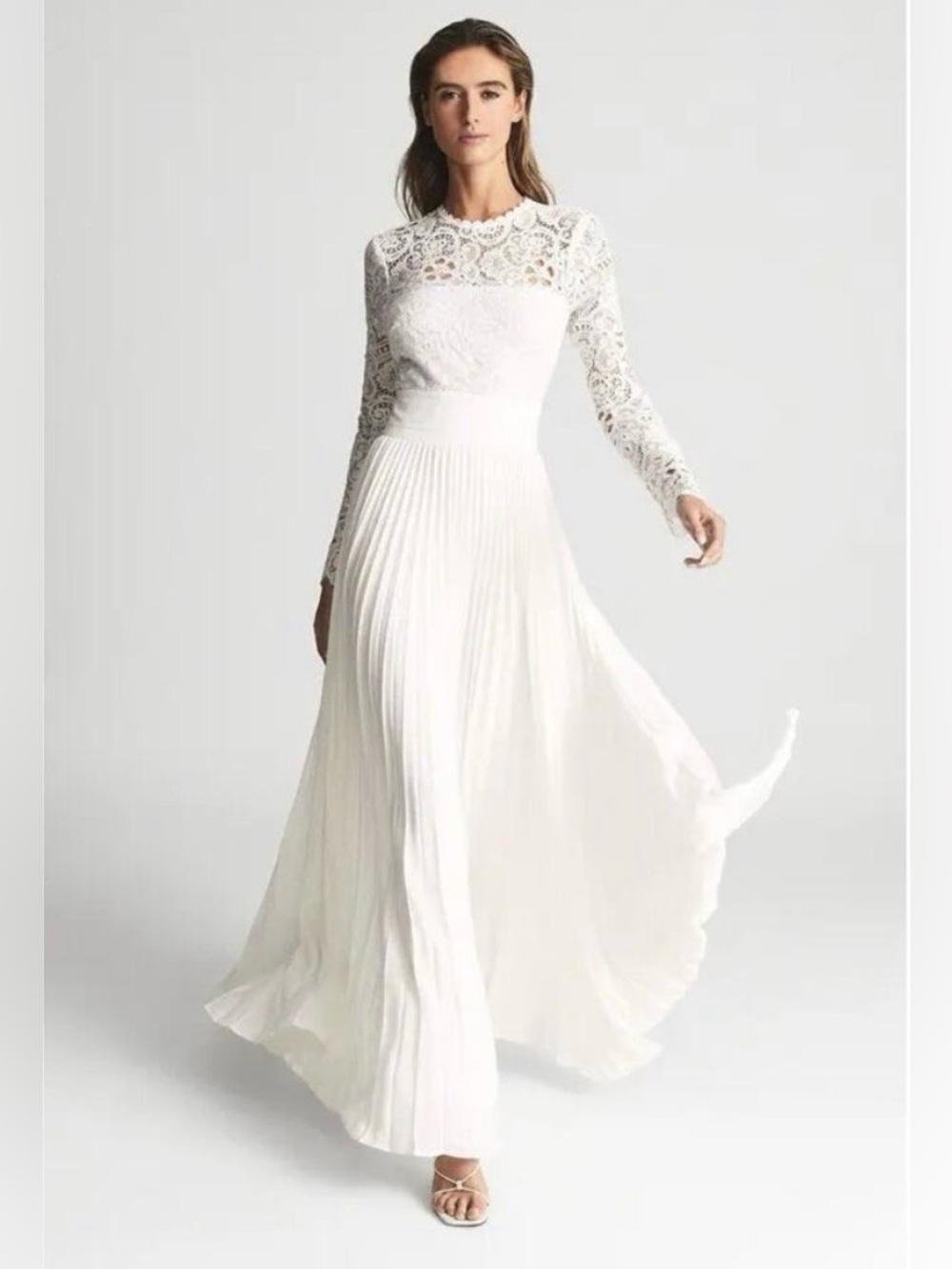 REISS Ivory Lace Long Sleeve Pleated Maxi Dress